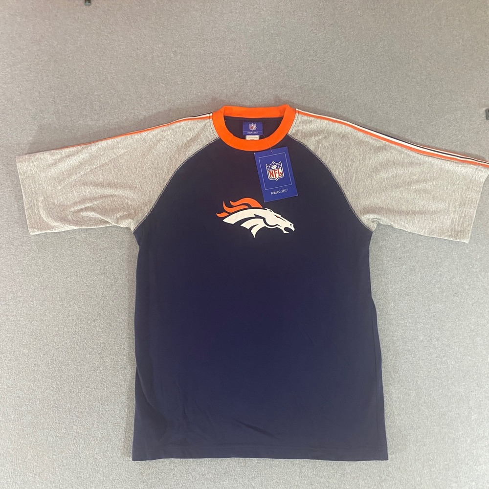 Reebok NFL Denver Broncos Shirt Mens Small Navy Gray Orange Raglan